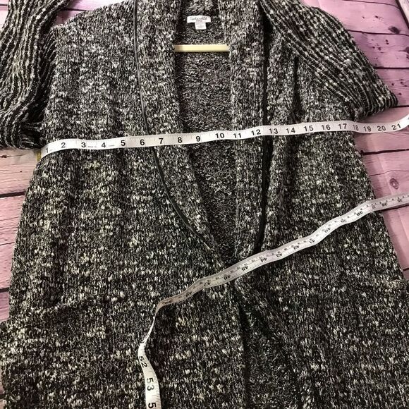 Splendid Open Knit Black White Texture Cardigan Faux Leather Trim Shawl Collar S - Picture 12 of 13